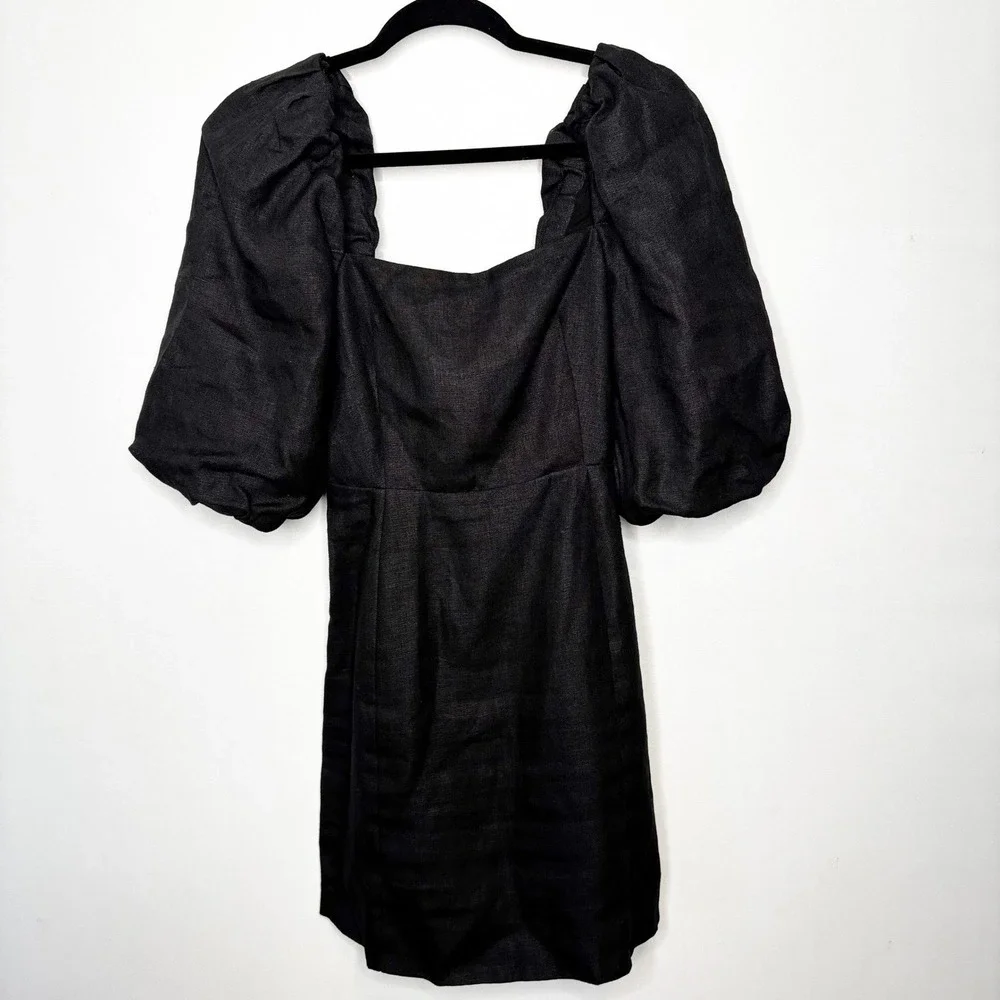 Sezane Editions Armida Dress Size 36/4 Black Linen Puff Sleeve Tie Back Mini - Picture 3 of 15